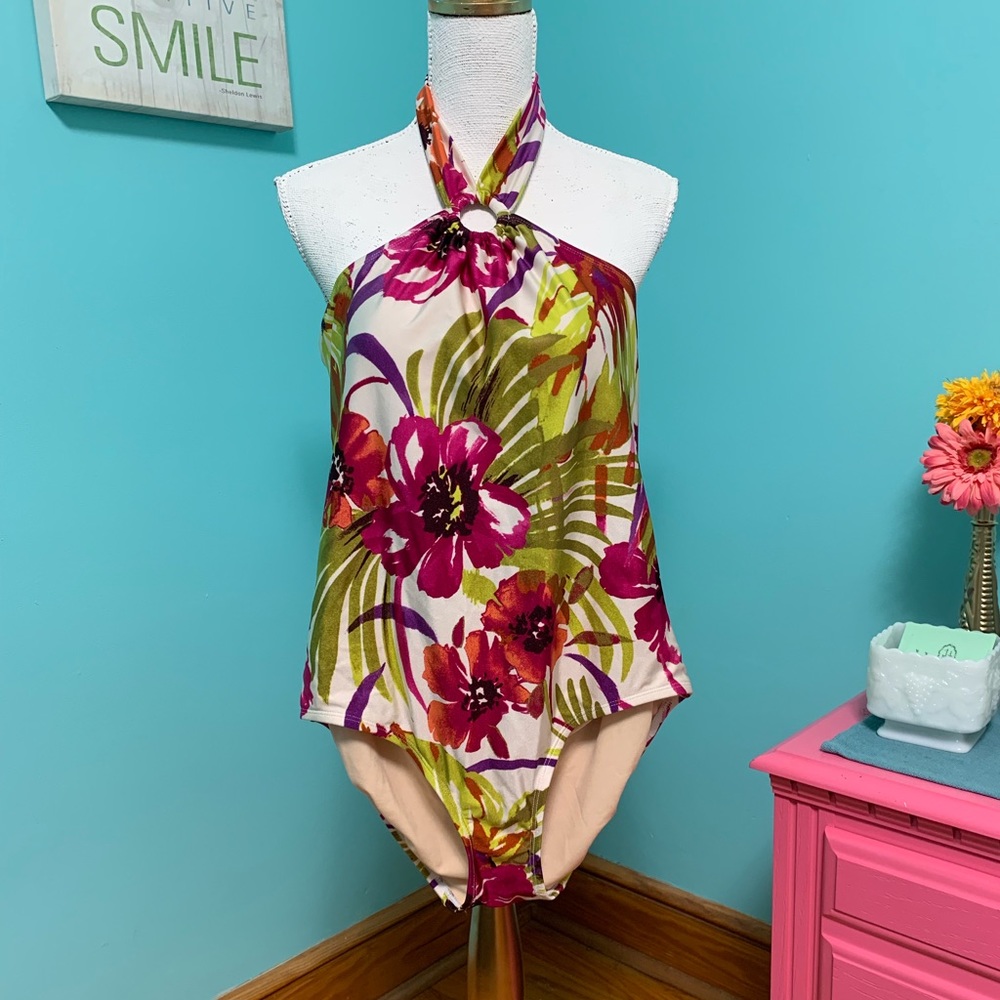 NWOT floral one piece halter swim suit